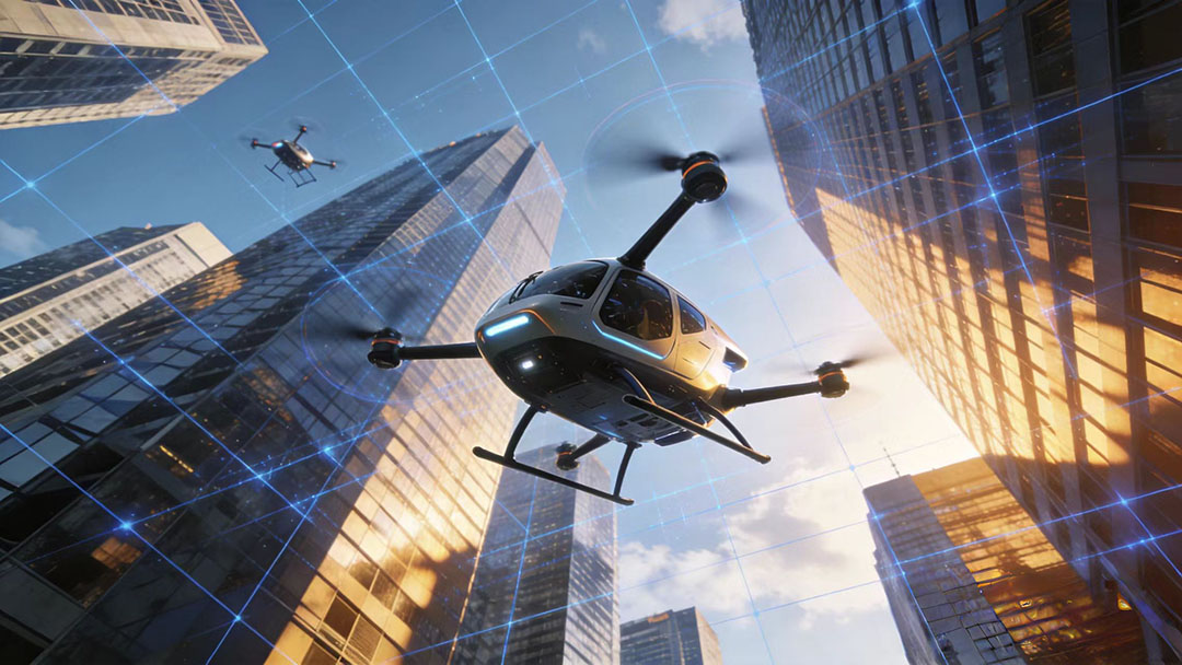 Autonomous aerial vehicles in smart cities rely on GNSS RTK for safe, precise navigation and landing in complex urban environments.